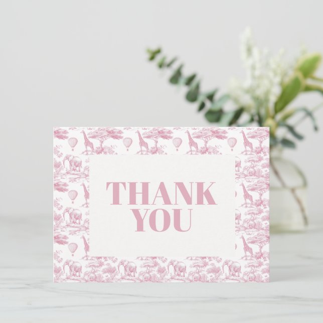 Pink Chinoiserie Toile de Jouy Baby Shower Thank You Card (Standing Front)