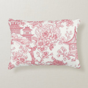 Pink Chinoiserie Toile Dragon Cherry Blossom Accent Pillow