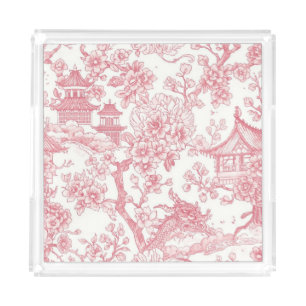 Pink Chinoiserie Toile Dragon Cherry Blossom Acrylic Tray