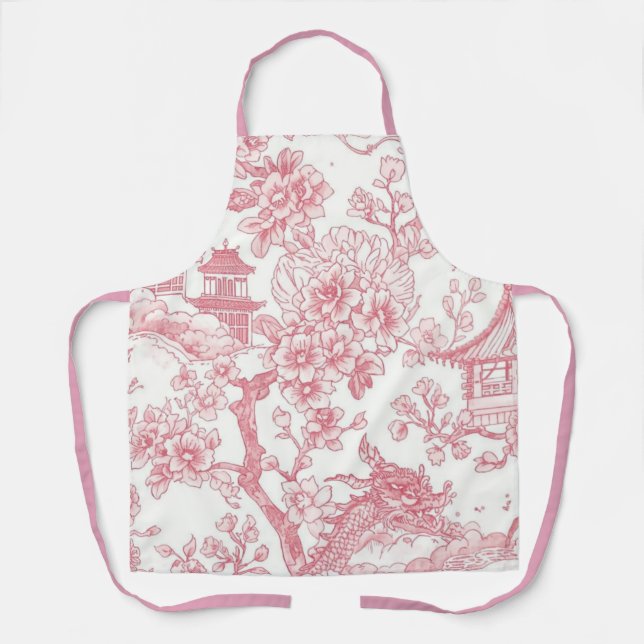 Pink Chinoiserie Toile Dragon Cherry Blossom Apron (Front)