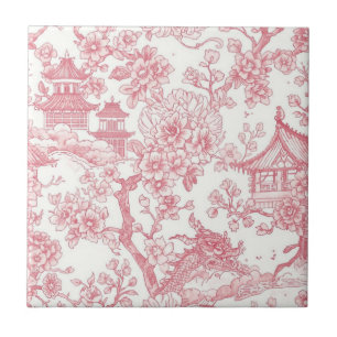 Pink Chinoiserie Toile Dragon Cherry Blossom Ceramic Tile