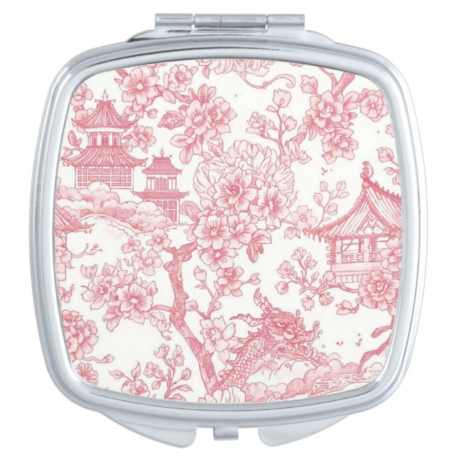 Pink Chinoiserie Toile Dragon Cherry Blossom Compact Mirror (Front)