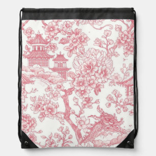 Pink Chinoiserie Toile Dragon Cherry Blossom Drawstring Bag