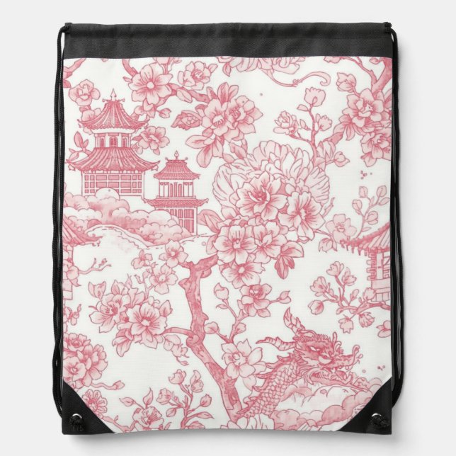 Pink Chinoiserie Toile Dragon Cherry Blossom Drawstring Bag (Front)