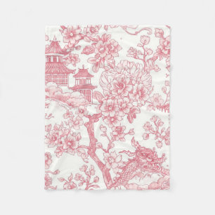 Pink Chinoiserie Toile Dragon Cherry Blossom Fleece Blanket