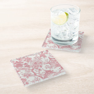 Pink Chinoiserie Toile Dragon Cherry Blossom Glass Coaster