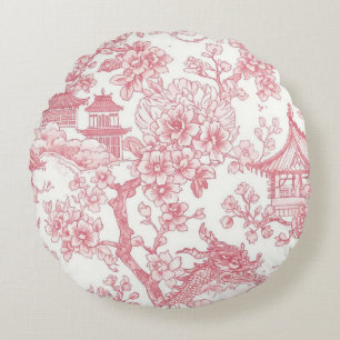 Pink Chinoiserie Toile Dragon Cherry Blossom Round Pillow