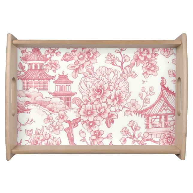Pink Chinoiserie Toile Dragon Cherry Blossom Serving Tray (Front)