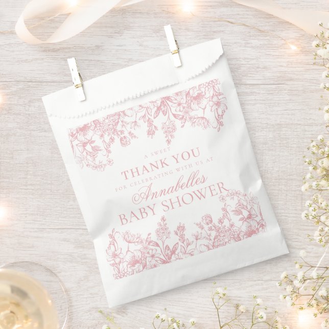 Pink Chinoiserie Vintag Floral Baby Shower Dessert Favor Bag (Clipped)