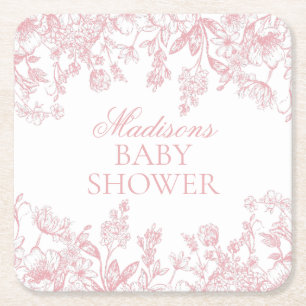 Pink Chinoiserie Vintage Floral Baby Shower Square Paper Coaster