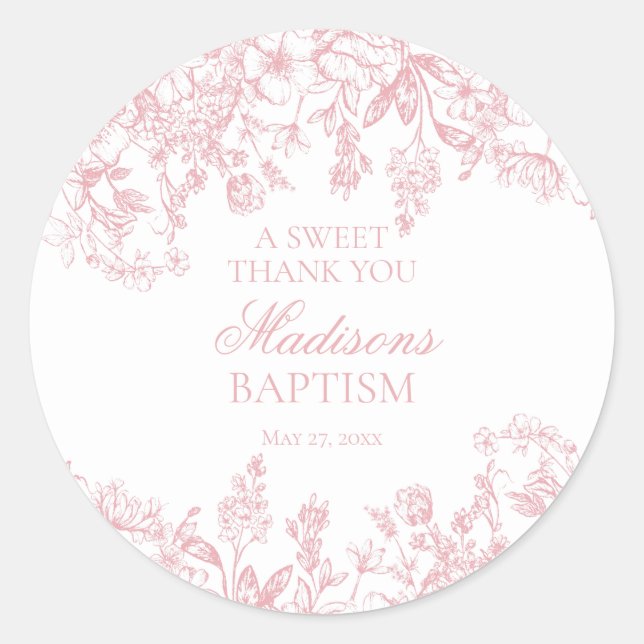 Pink Chinoiserie Vintage Floral Baptism Circle Classic Round Sticker (Front)