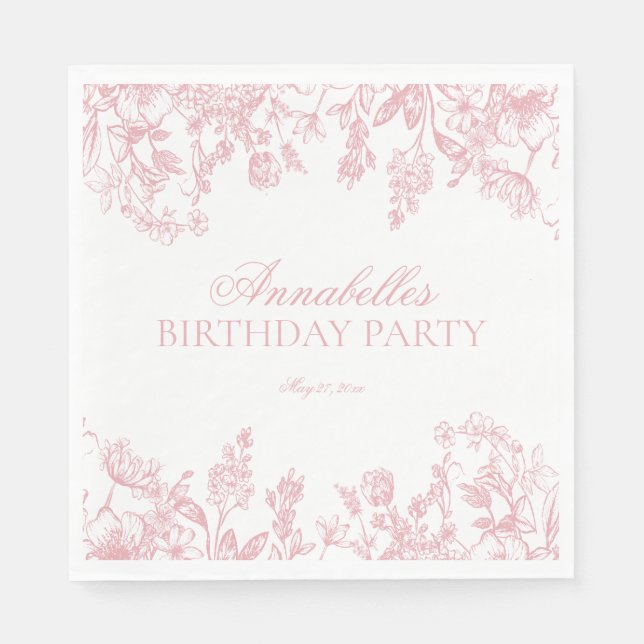 Pink Chinoiserie Vintage Floral Birthday Dessert Napkins (Front)