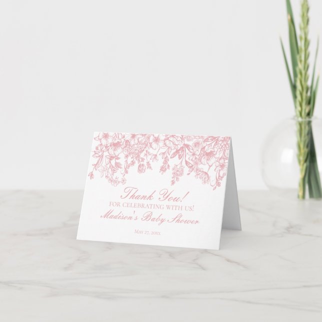 Pink Chinoiserie Vintage Floral Thank You Card  (Front)
