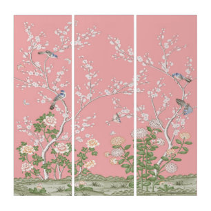 Pink Chinoiserie Wall Art Decor 3 Panel Triptych