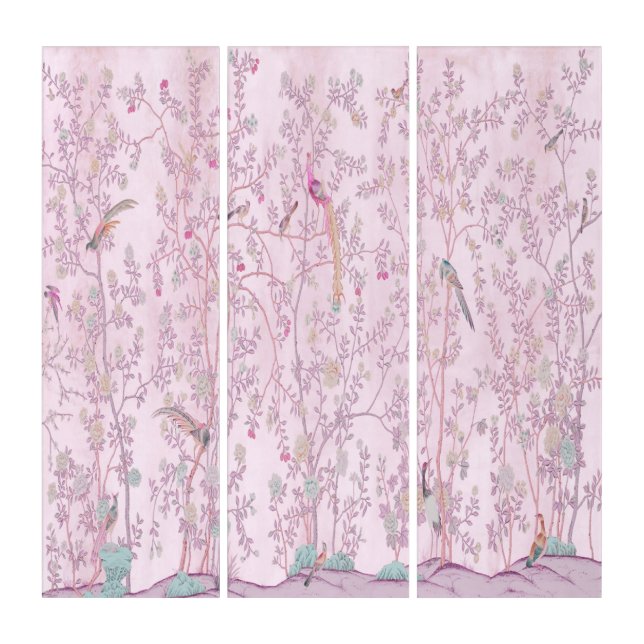 Pink Chinoiserie Wall Art Decor 3 Panel Triptych (Front)