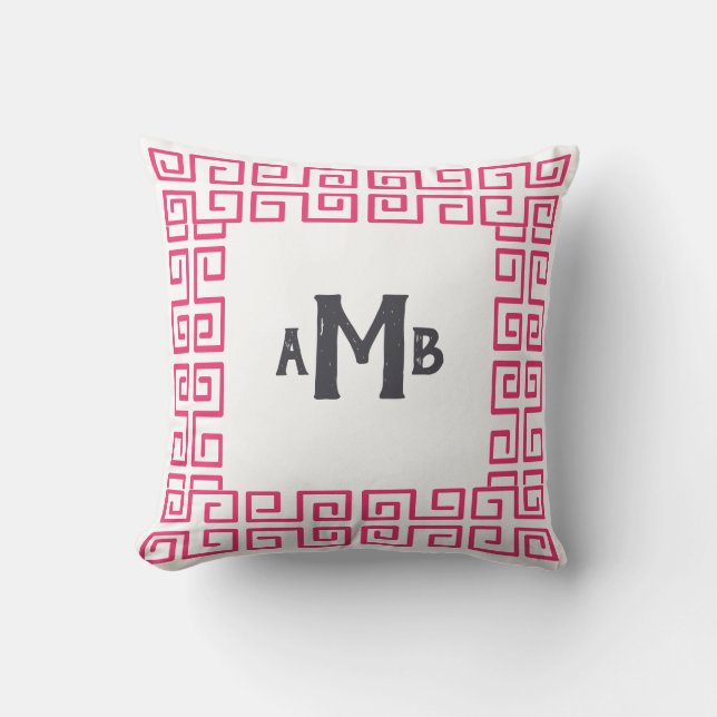 Pink Chinoiserie Wide Greek Key Border Monogram Throw Pillow (Front)