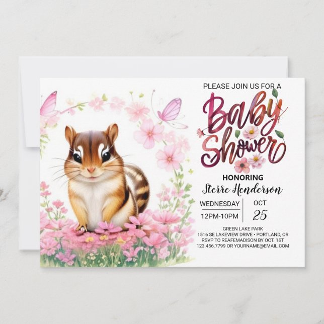 Pink Chipmunk Blooms Girl Baby Shower Invitation (Front)