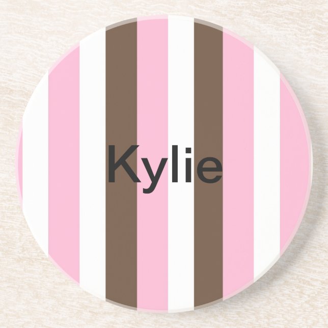 Pink, Chocolate and White Stripes Birthday Coaster (Front)