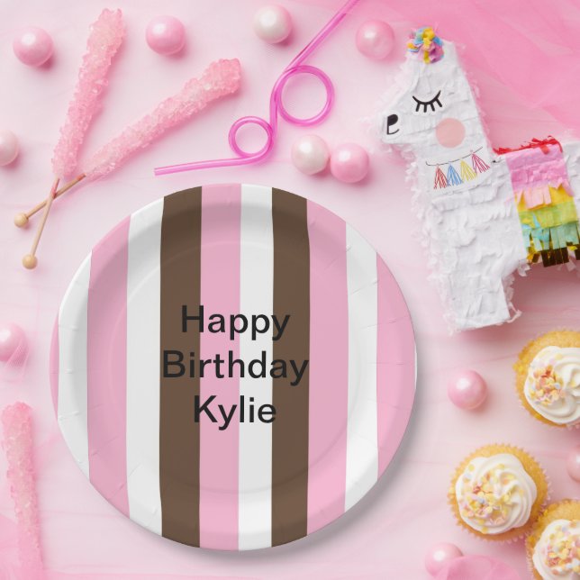 Pink, Chocolate and White Stripes Birthday Paper Plates (Party)