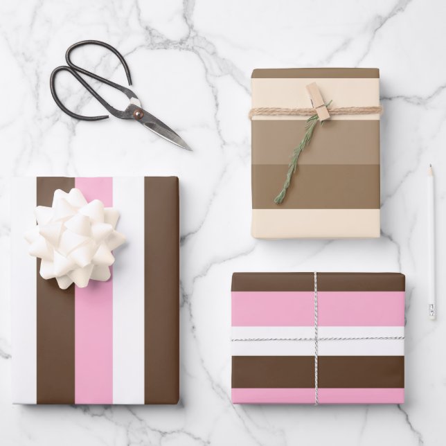 Pink, Chocolate and White Stripes Birthday Wrapping Paper Sheets (Front)