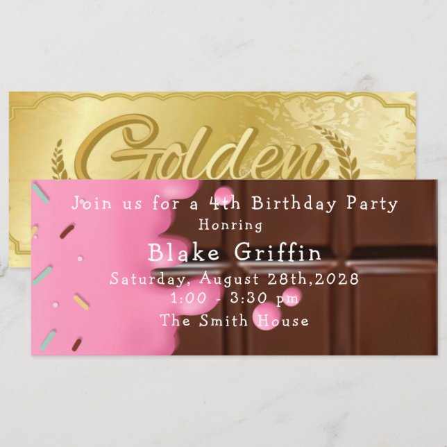 Pink Chocolate Bar Golden Ticket Birthday Invitation (Front/Back)