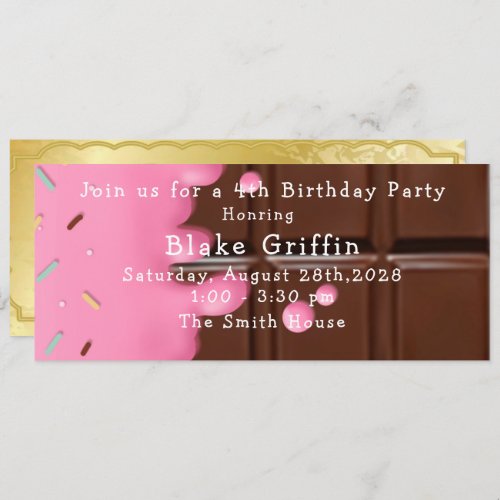 Pink Chocolate Bar Golden Ticket Birthday Invitation