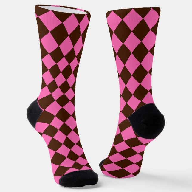 Pink Chocolate Brown Checker Diamond Pattern Socks (Angled)