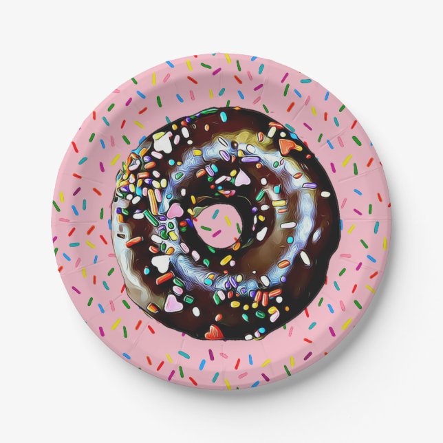 Pink Chocolate Donut with Sprinkles  Paper Plate (Front)