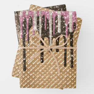Pink Chocolate Ice Cream Cone Glitter Drips Wrapping Paper Sheets