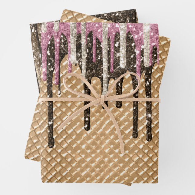 Pink Chocolate Ice Cream Cone Glitter Drips Wrapping Paper Sheets (In situ)