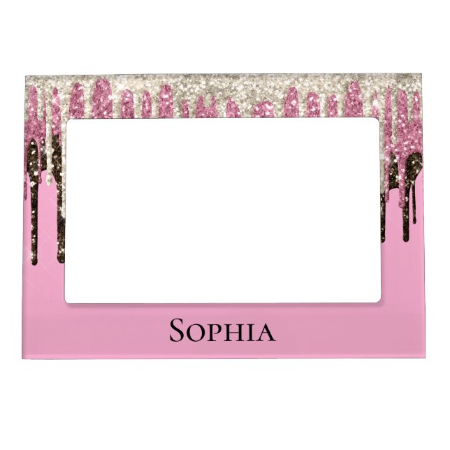 Pink Chocolate Ice Cream Glitter Drip Personalized Magnetic Frame (Front)