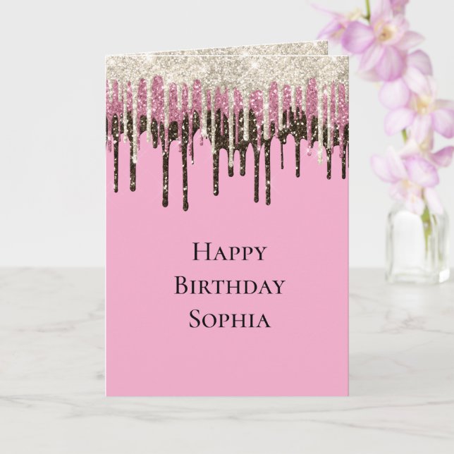 Pink Chocolate Ice Cream Glitter Drips Birthday Card (Orchid)