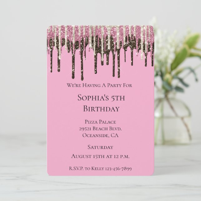 Pink Chocolate Ice Cream Glitter Drips Birthday Invitation (Standing Front)