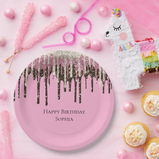 Pink Chocolate Ice Cream Glitter Drips Birthday Paper Plates (Party)