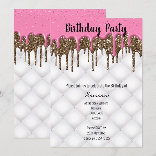PINK CHOCOLATE TUFTED CAKE ALL OCCASION BIRTHDAY INVITATION (Front/Back)