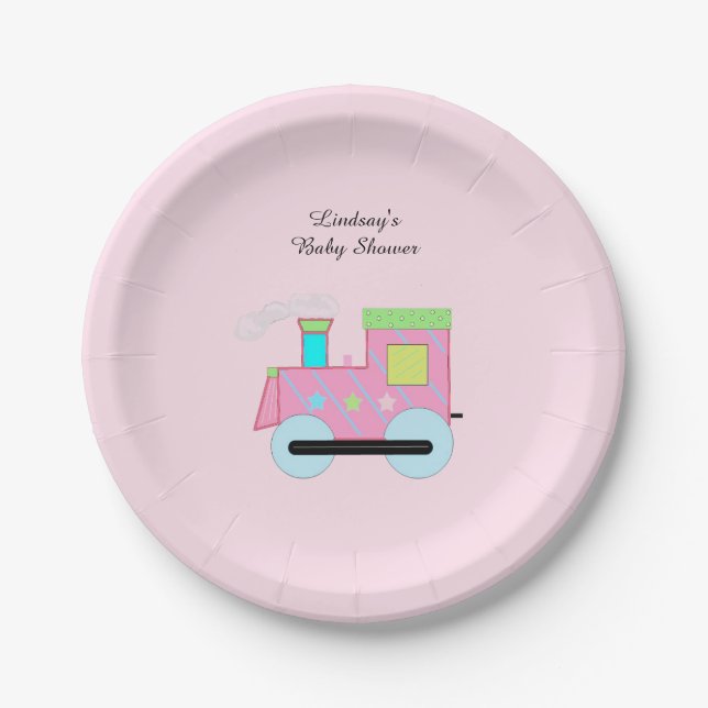 Pink Choo Choo Train Baby Shower Paper Plates (Front)