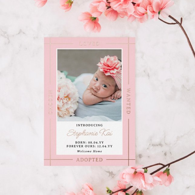 Pink Chosen Loved Introducing Adopted Baby Girl Foil Invitation (Creator Uploaded)