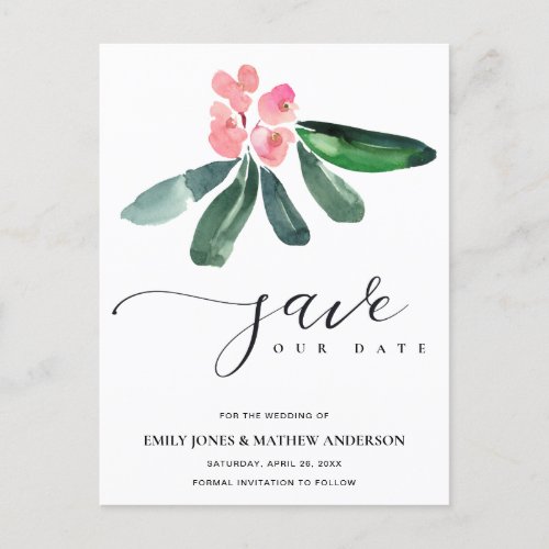 PINK CHRIST THORN BLOOM WATERCOLOR SAVE THE DATE ANNOUNCEMENT POSTCARD