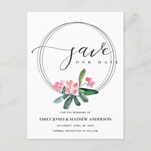 PINK CHRIST THORN BLOOM WATERCOLOR SAVE THE DATE ANNOUNCEMENT POSTCARD