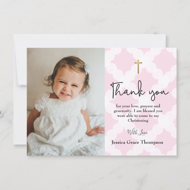Pink Christening Girl photo thank you Card (Front)