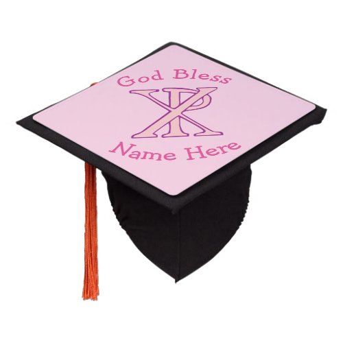 Pink Christian Chi Ro Cross Name and God Bless Graduation Cap Topper