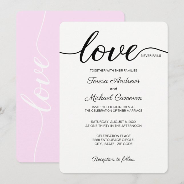 Pink Christian Wedding Love Never Fails Invitation (Front/Back)