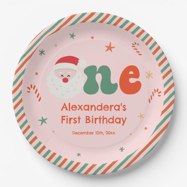 Pink Christmas 1st Birthday Paper Plates (Front)