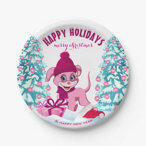 Pink Christmas Adorable Puppy Cartoon Paper Plates