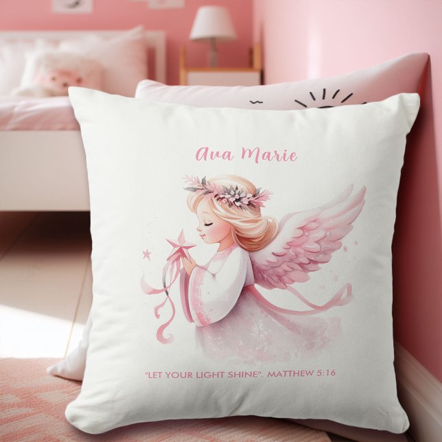 Pink Christmas Angel Bible Verse Name Nursery Gift Throw Pillow (pink christmas angel throw pillow personalized name bible verse baby shower gift granddaughter)