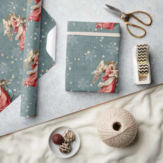 Pink Christmas Angel Teal Snowflake Star Holiday   Wrapping Paper (Crafts)