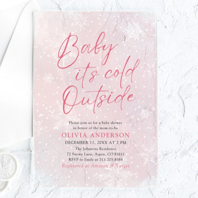 Pink Christmas Baby It's Cold Outside Baby Shower Acrylic Invitations (Pink Christmas Baby It's Cold Outside Baby Shower Acrylic Invitation)