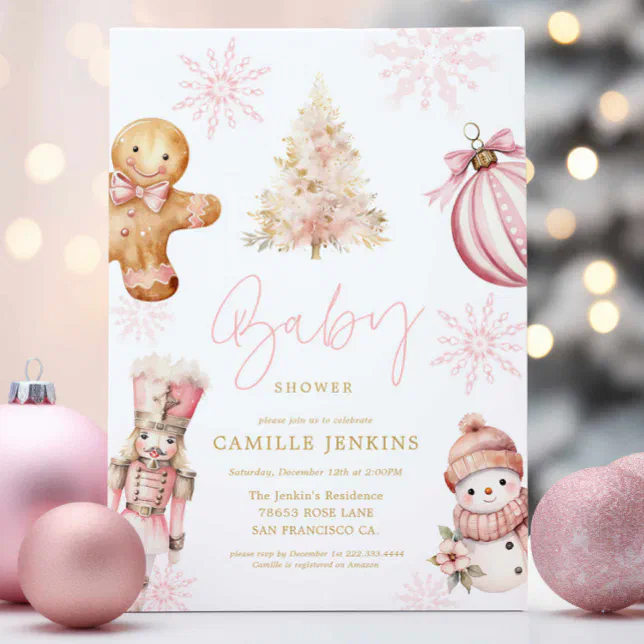 Pink Christmas Baby Shower Invitation for Girl Zazzle