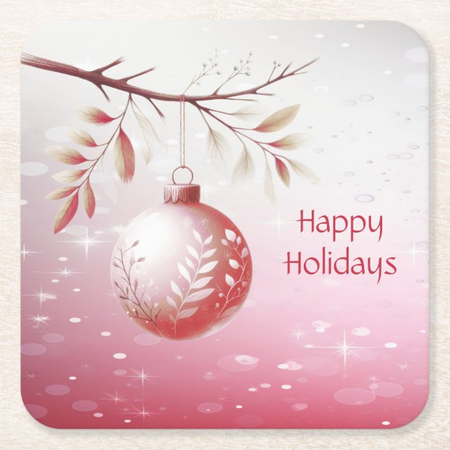 Pink Christmas Ball Holiday Paper Coaster (Front)
