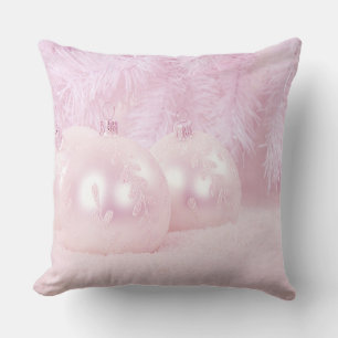 Pink Christmas Balls on Snow & Pink Background Throw Pillow